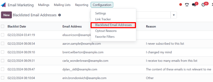 View of the blacklisted email addresses page in Odoo Email Marketing.