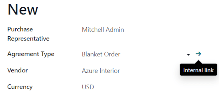 Internal link arrow next to Agreement Type field on blanket order form.