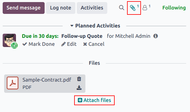 A chatter thread with a file attached and the Attach files button added.