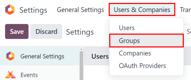 Groups menu in the Users & Companies section of the Settings app of Odoo.