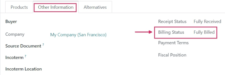 Billing status field on a purchase order form.