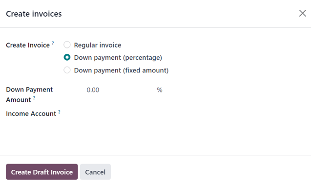 Create invoices pop-up form that appears in Odoo Sales.