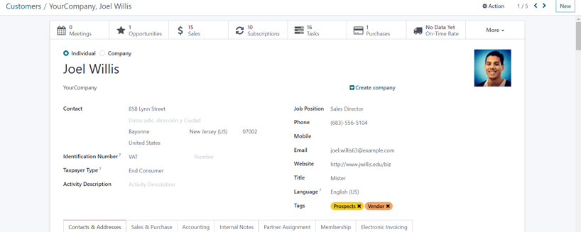 Sample customer detail form in Odoo Sales.