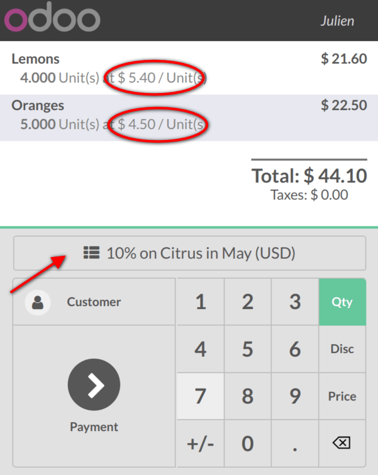 View of the button to use for time-limited discounts via the pos interface