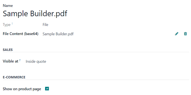 A standard document form with an uploaded pdf in Odoo Sales.