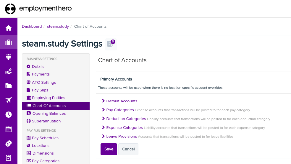 Chart of Accounts menu in Employment Hero