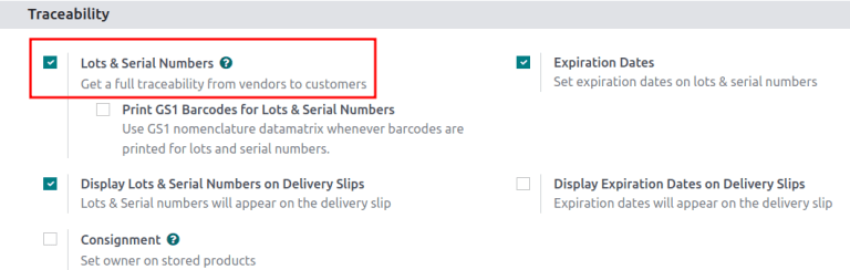Enabled lots and serial numbers feature in inventory settings.