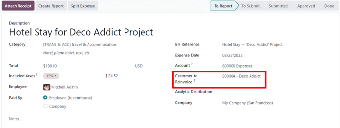 A filled out expenses form in the Odoo Expenses application.