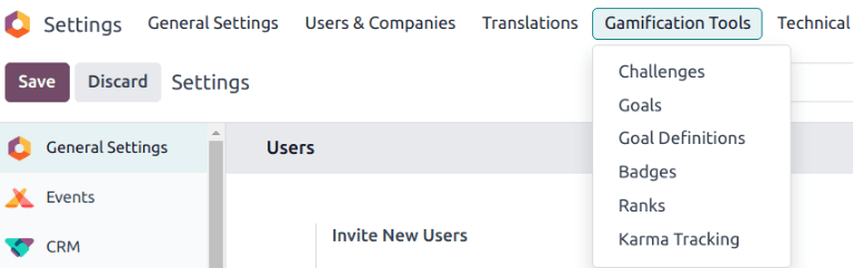 View if the gamification tools menu in Odoo Settings
