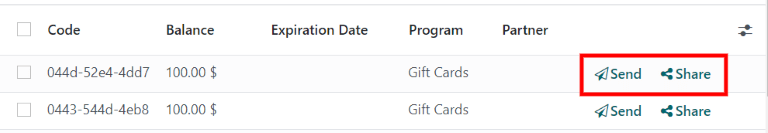 Gift cards send and share buttons