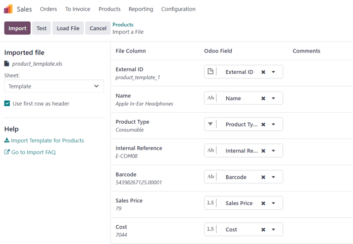 The import a file page in Odoo Sales after a product template has been uploaded.