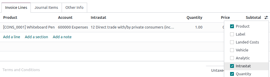 Adding the Intrastat column to an invoice or bill