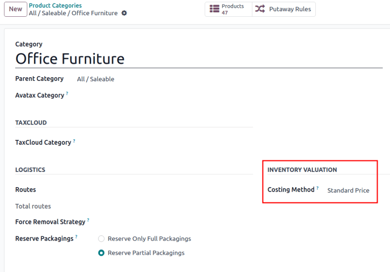 The Inventory Valuation fields are located on the Product Categories form.