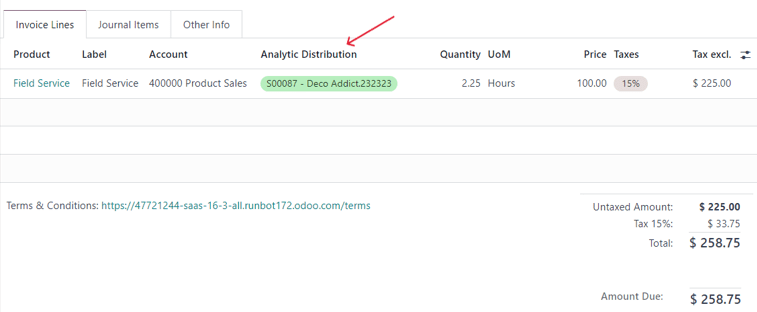 Invoice draft showing time spent on sales order in Odoo Sales.