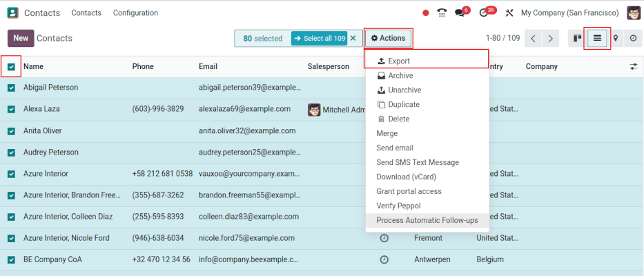 view of the different things to enable/click to export data