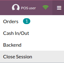 Dropdown menu to close a POS session, reach the backend, add or take cash out or check orders