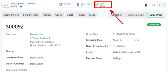 MRR smart button in the Odoo Subscriptions application.