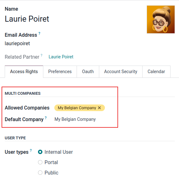 View of a user’s form emphasizing the multi companies field in Odoo