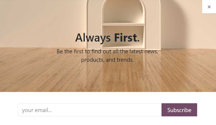 View of a sample newsletter pop-up sample on an Odoo Website.