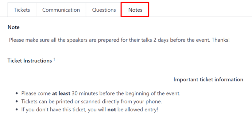 Typical notes tab on an event form in the Odoo Events application.
