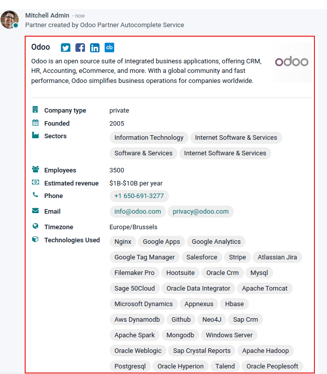 View of the information being shown about odoo with the autocomplete option in Odoo