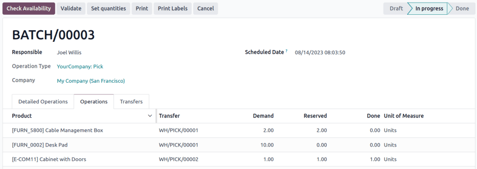 The Operations tab on a bill of materials.