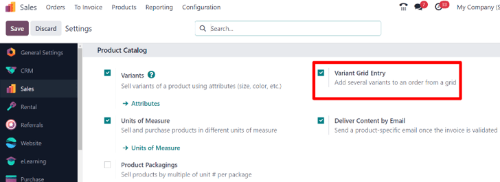 The variant grid entry setting in the Odoo Sales application.