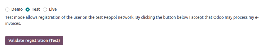 Peppol test mode selection