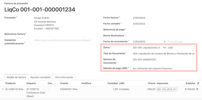 Purchase liquidation for Ecuador.