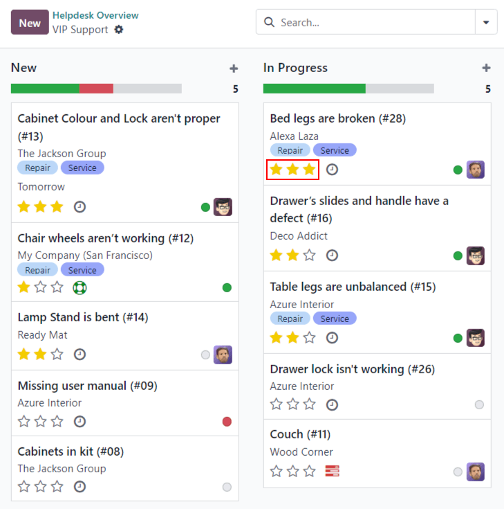 View of a team's kanban view and the prioritized tasks in Odoo Helpdesk.