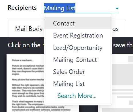 View of recipients drop-down menu in the Odoo Email Marketing application.