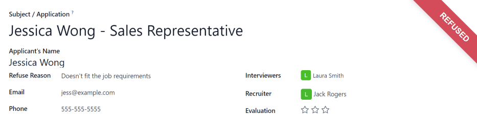 An applicant's card with the refused banner appearing in the top right corner in red.