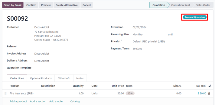 Renewal quotation in the Odoo Subscriptions application.