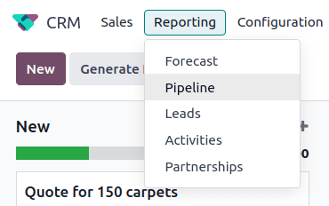 Open the CRM app and click on the Reporting tab along the top, then click Pipeline.