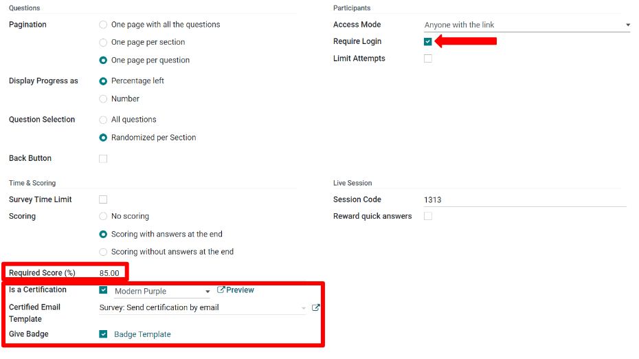 Setting the Required Score (percentage), login required, and certification template.