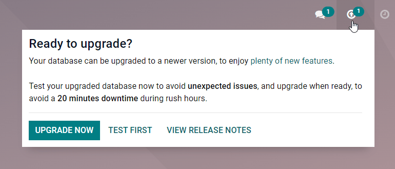 The upgrade message prompt on the top right of the database
