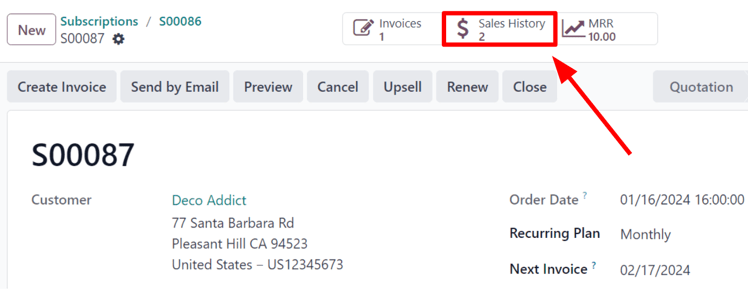 Sales History smart button in the Odoo Subscriptions application.