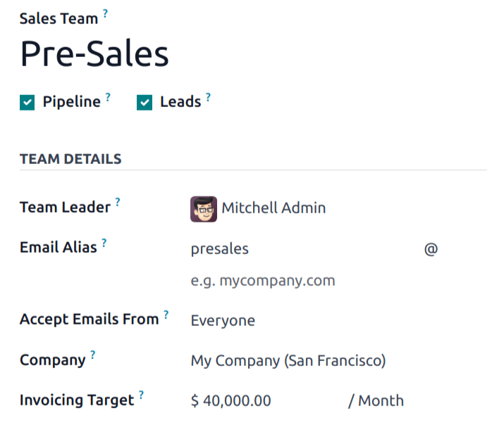 Create a sales team in Odoo CRM.