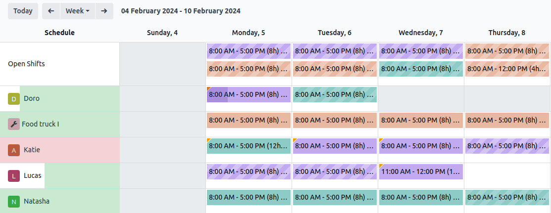 A schedule displaying various visual elements. Odoo Timesheets planning feature. Image credits to Odoo Timesheets.