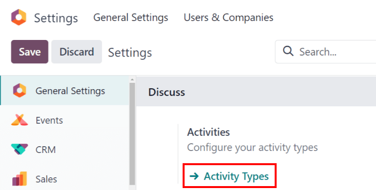 View of the settings page emphasizing the menu activity types.
