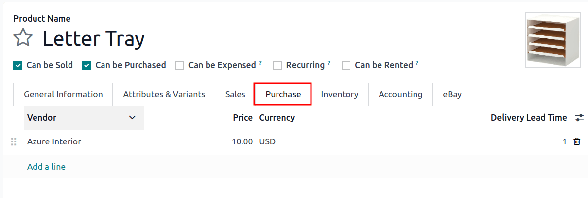 Enable "Can be Purchased" and specify a vendor.