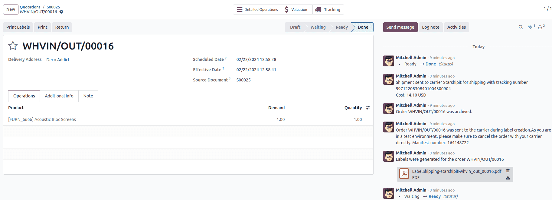 Example of a shipped order in Odoo.