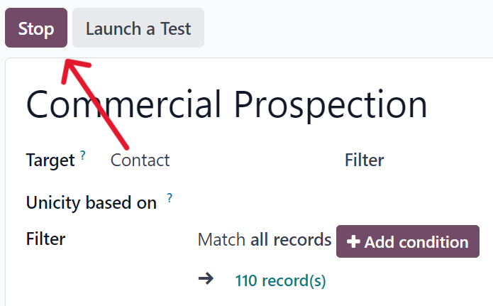 The stop button on a typical campaign detail form in Odoo Marketing Automation application.