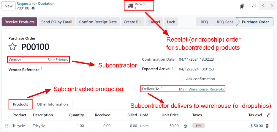 A PO for a basic subcontracting product, with a Receipt smart button at the top of the page.