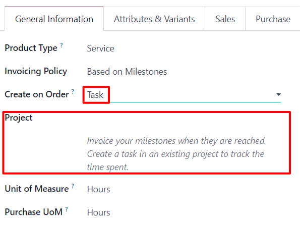 The Project field appears when the Task option is selected in Create on Order field.