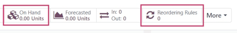 Product form smart button row displaying reordering rules and on hand buttons.