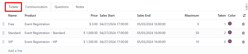 A typical tickets tab on an event form in the Odoo Events application.