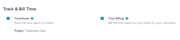 View of a helpdesk team settings page emphasizing the track and bill time settings.