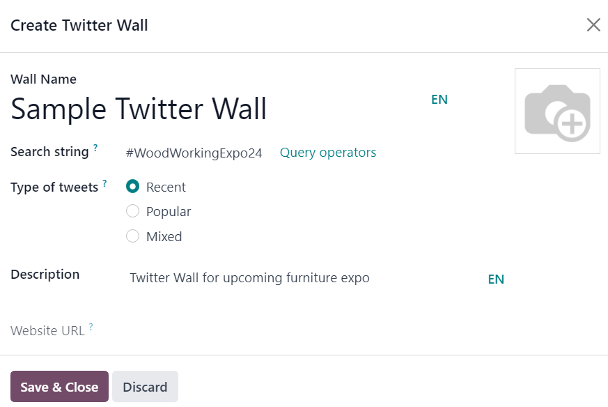 The Twitter Wall pop-up window in the Odoo Events application.