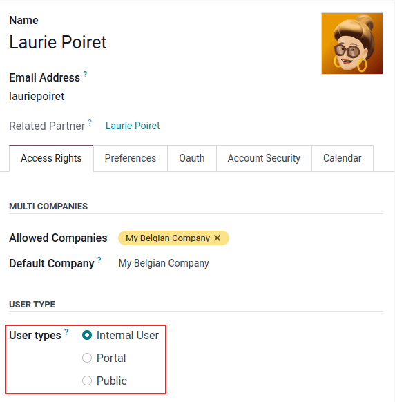 View of a user’s form in developer mode emphasizing the user type field in Odoo